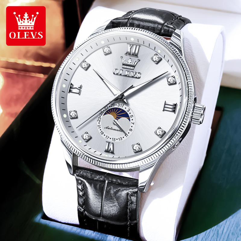 OLEVS Designer Luxury Men's Brand Business Diamond Watch Fully Automatic Mechanical Sun Moon Star Night Light Waterproof Watch Classic Versatile 