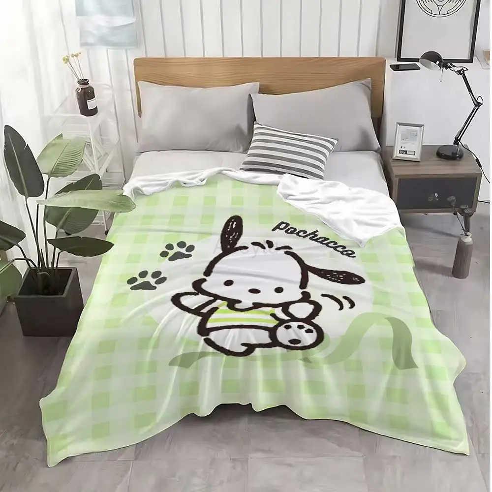 Sanrio Kawaii Green Pochacco Hairy Blankets for Bed Blanket 150cm X 200cm Home Interior Luxury Bedding Fluffy Plaid Sofa Throw Knee Nap H251201