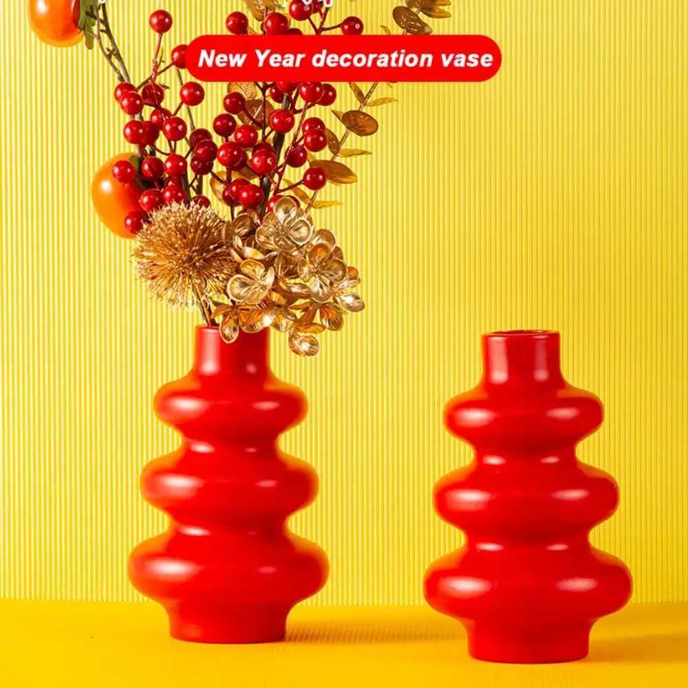 Nordic Style Plastic New Year Flower Vase Red Imitation Ceramic Flowerpot Household Flower Arrangement Container He Decoration Y251201