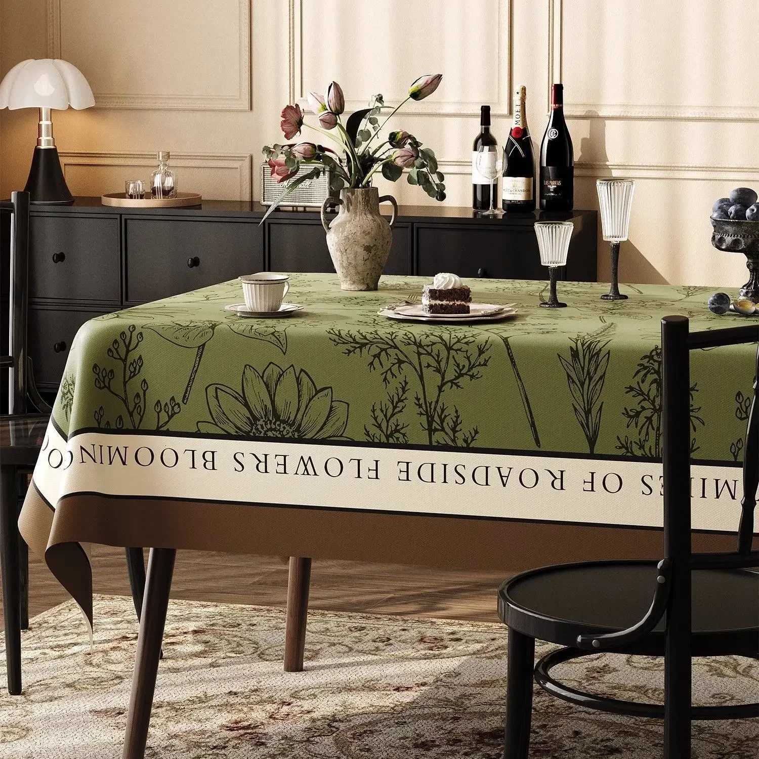French Black Plant Pattern Tablecloths Green Minimst Lint Decor Dust Cover Premium Rectangular Coffee Table Tablecloth Y251201
