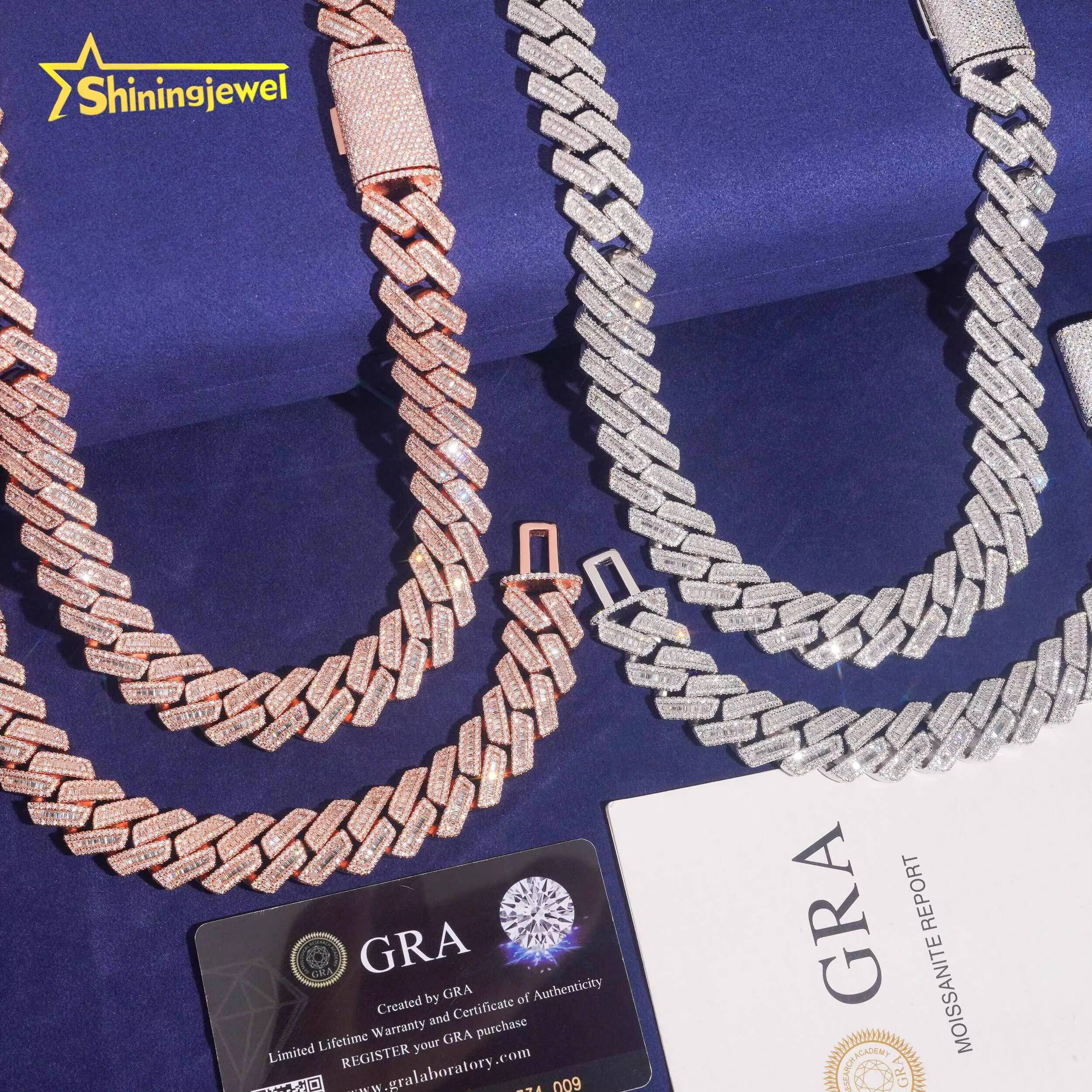 Cuban Link Chain 18mm S925 Rose Gold Plated Pass Diamond Test VVS Baguette Moissanite Diamond Cuban Necklace Men Jewelry