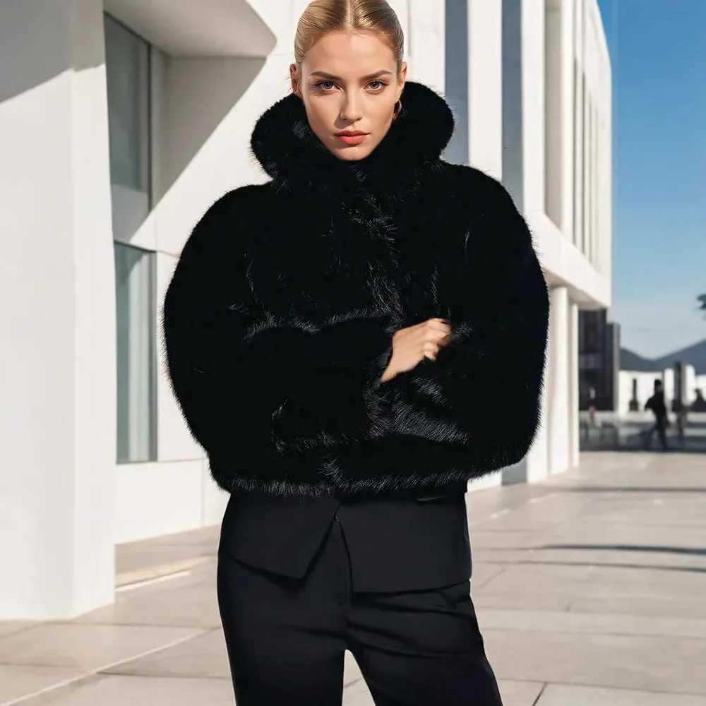Black Women Winter Artificial Fur Jacket Elegant Lapel Collar Long Hair Female Faux Fur Coat Short Street Lady Mink Fur CoatT251201