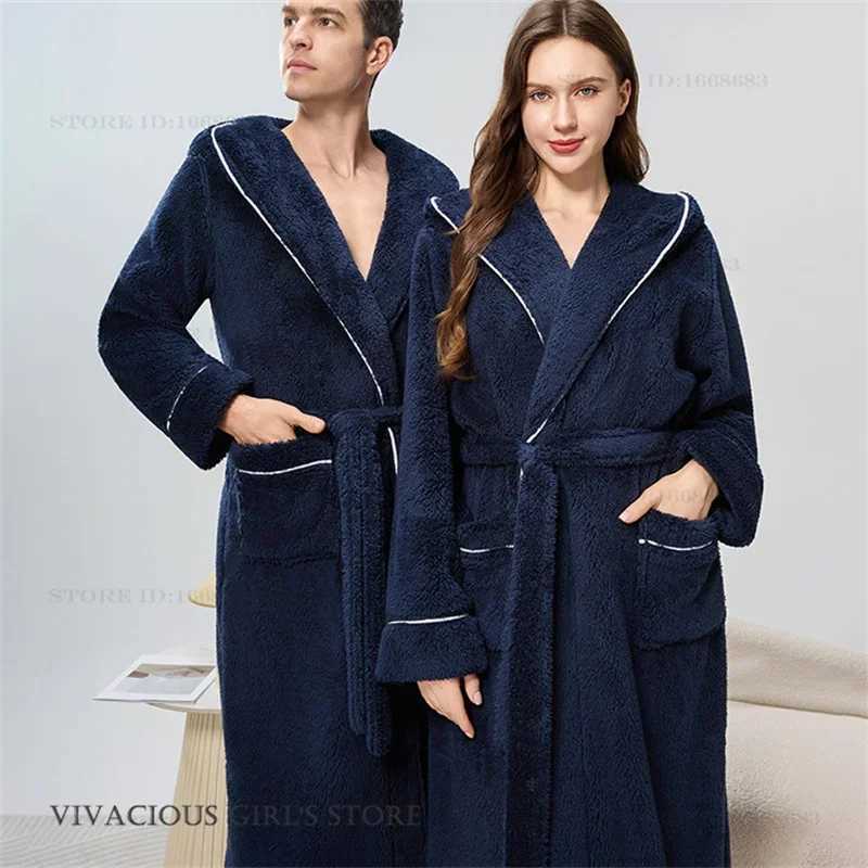 Thicken Flannel Couople Long Robe Winter New Coral Fleece Hooded Kimono Bathrobe Gown Sleepwear Casual Men Women Homewear Pajama C251202