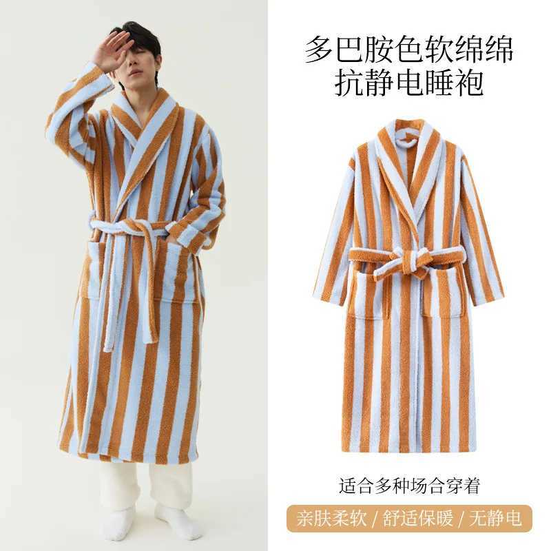 Fashion Stripes Flannel Couple Long Robe Sleepwear Winter Warm Women Nightgown Bathrobe Loose Thick Coral Fleece Homewear Pajama C251202