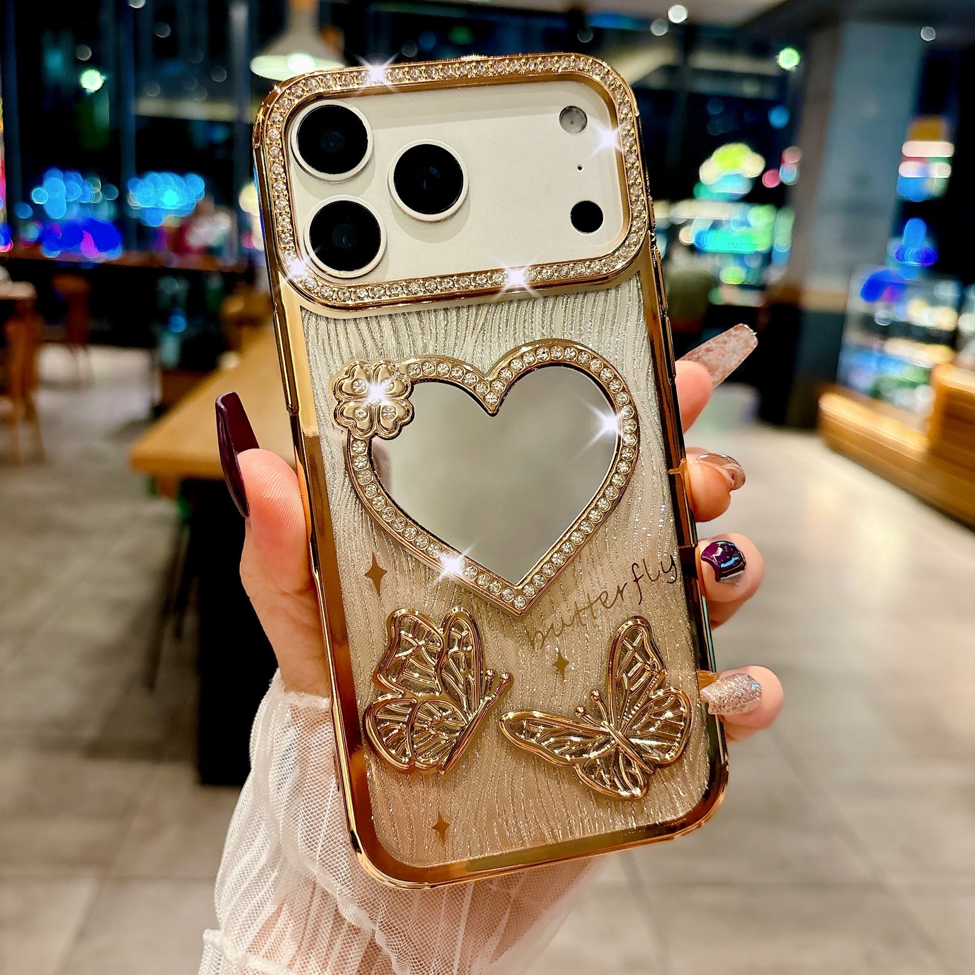 Electroplated Heart Mirror Butterfly Phone Case iPhone 17 Pro Max Compatible with Apple 16/15 Gradient Water Ripple Paper Case