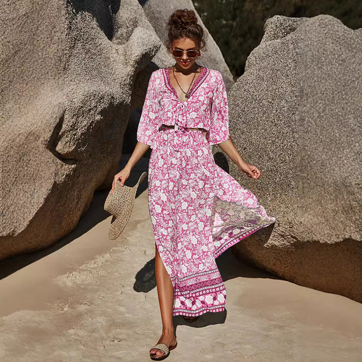 Urban Sexy Dresses TEELYNN Vintage Women Two Piece Dress Women Puff Sleeve Crop Top Maxi Skirts 2 Pieces Sets Cotton Boho Beach Summer Vestidos 230719