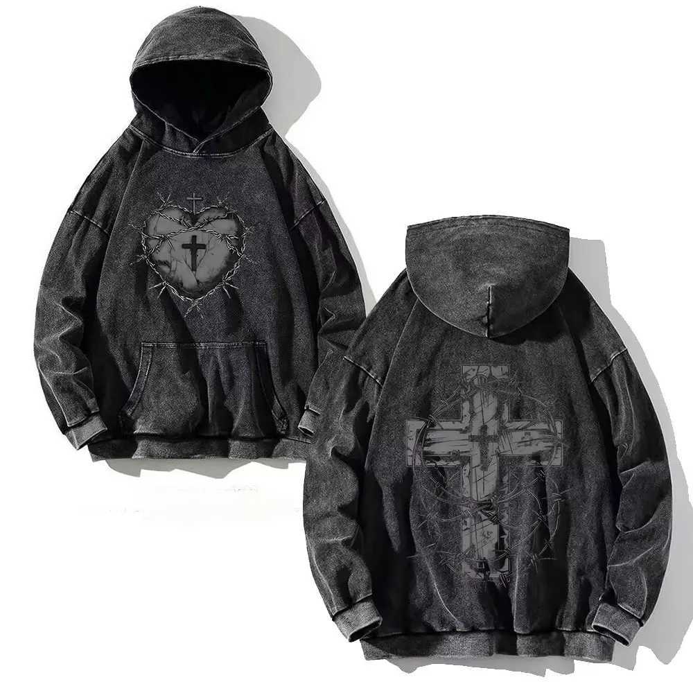Y2K Washed Hoodies Vintage Cotton Women Men Skull Cross Print Hooded Sweatshirts Oversize Hip Hop Male Pullover Winter Clothes J251203