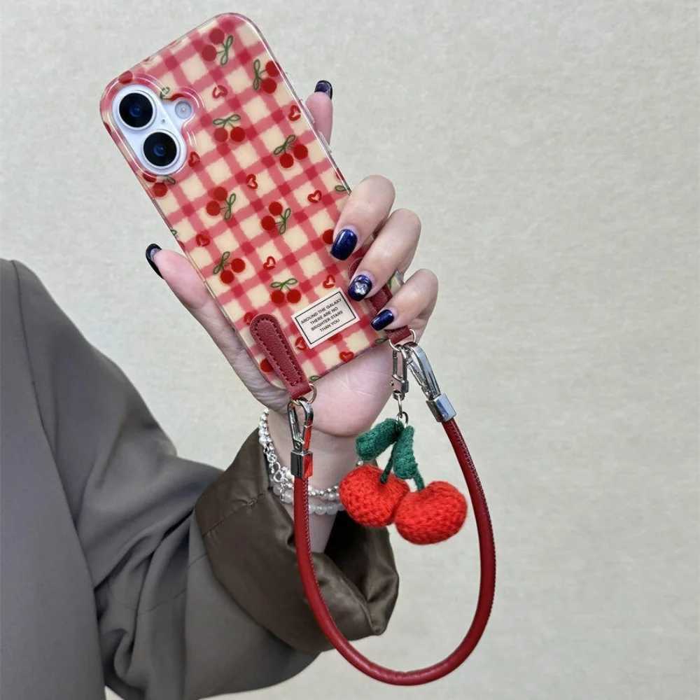 Stylish Cute Cherry Pendant Grid Pattern Case For iPhone 17 Pro Max 16 Pro Max 15 14 Pro 13 12 11 Plus Crossbody Lanyard Cover J251202