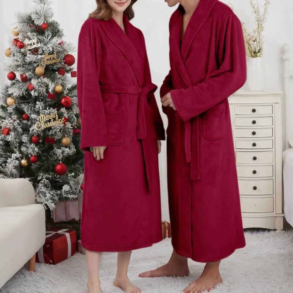 Flannel Bathrobe Waist Tie Nightgown Lapel Long Sleeve Flannel Long Bathrobe Couple Loungewear Bath Robe Nightwear C251202