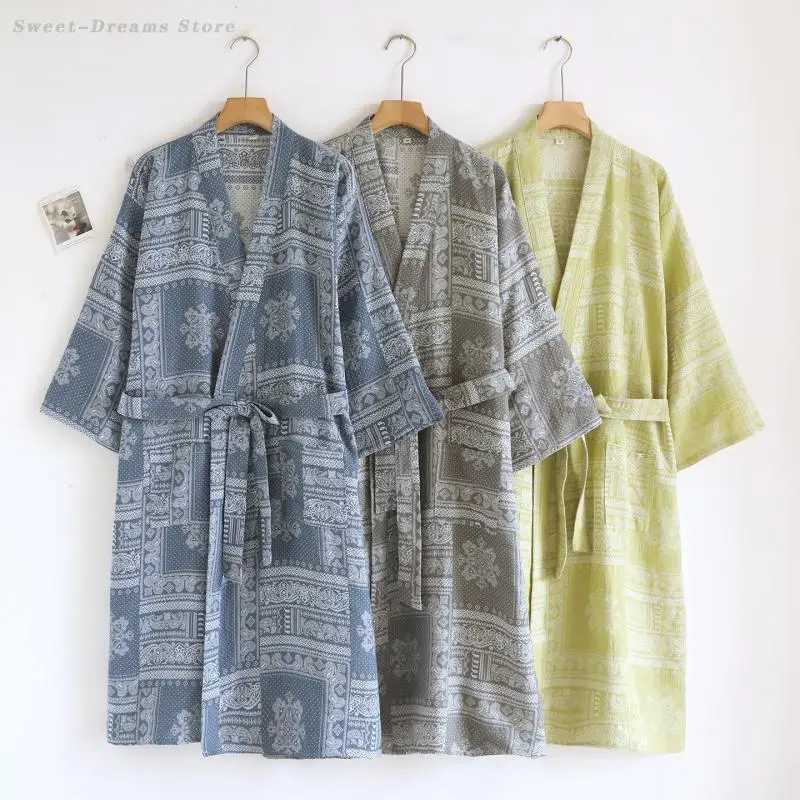 Adult Mens Cotton Robe Kimono Bathrobe Gown Yukata Negligee with Pocket Loose Casual Home Wear Printed Loungewear Sleepwear C251202