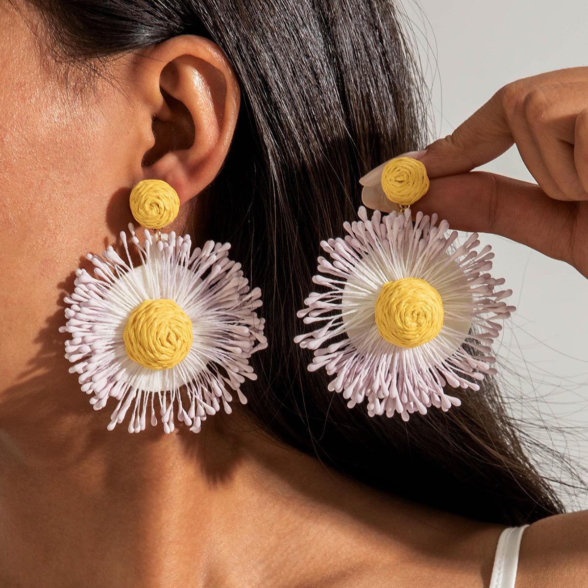 European designer And American luxury Cross-Border Handwoven Raffia Vacation Fashion free shipping Color Block Beach Style Flower Drop Earrings