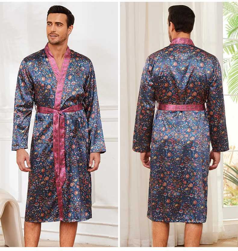Print Robe Men Stain Sleepwear Loose Peignoire De Douche Homme Mens Bathrobe Satin Sleepwear Loungewear Kimono with Belt C251202