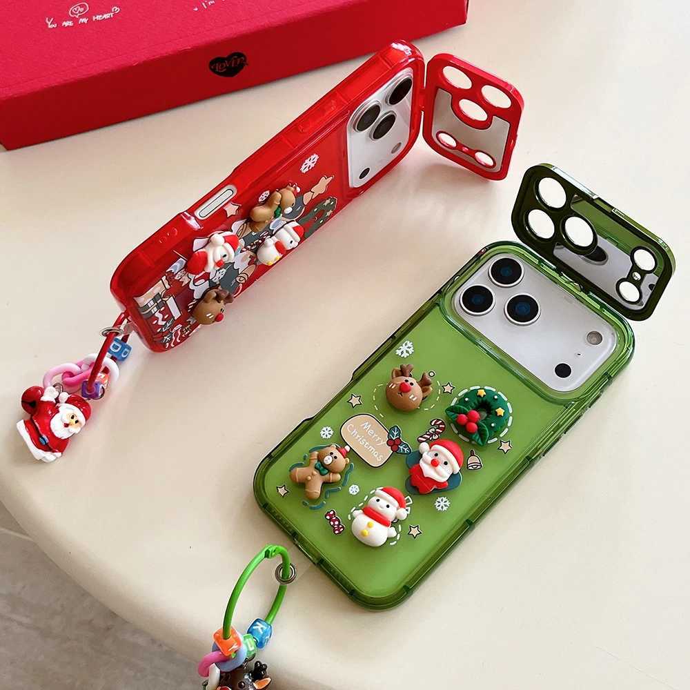 3D Christmas Lanyard Phone Holder Case for iPhone 17 16 15 14 13 12 11 Pro Max Plus Elk Santa Claus Shockproof Mirror Cover J251202