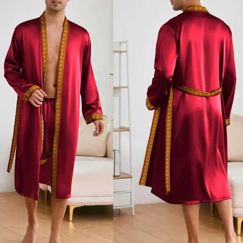 Male Ice Silk Pajamas 2Pcs Robe Suit Man Sleepwear Summer Spring Kimono Loungewear Peignoir Homme Nightwear Bathrobe Gown C251202