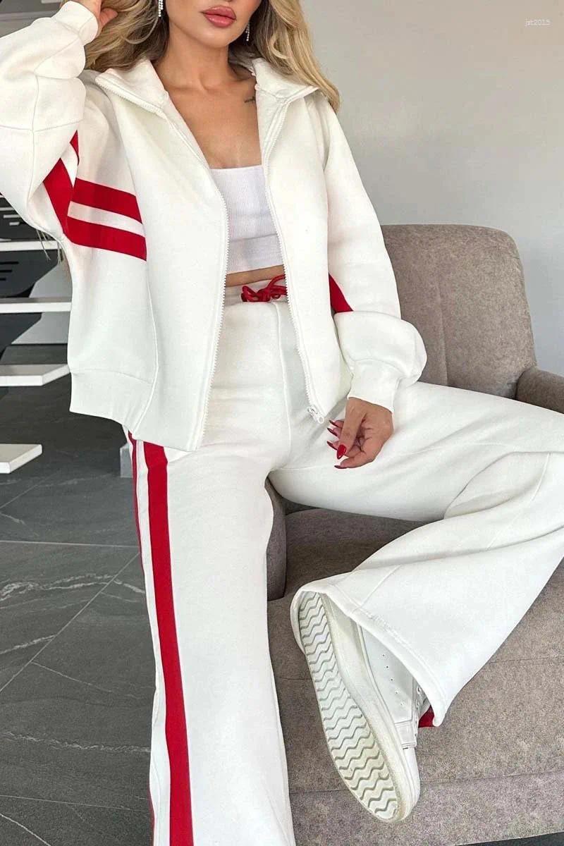 Women's American Striped Zipper Tracksuit Casual Fashion Long Sleeve Stripe Pattern Coat Comfortable Leisure Style Tow-piece Set Autumn Winter