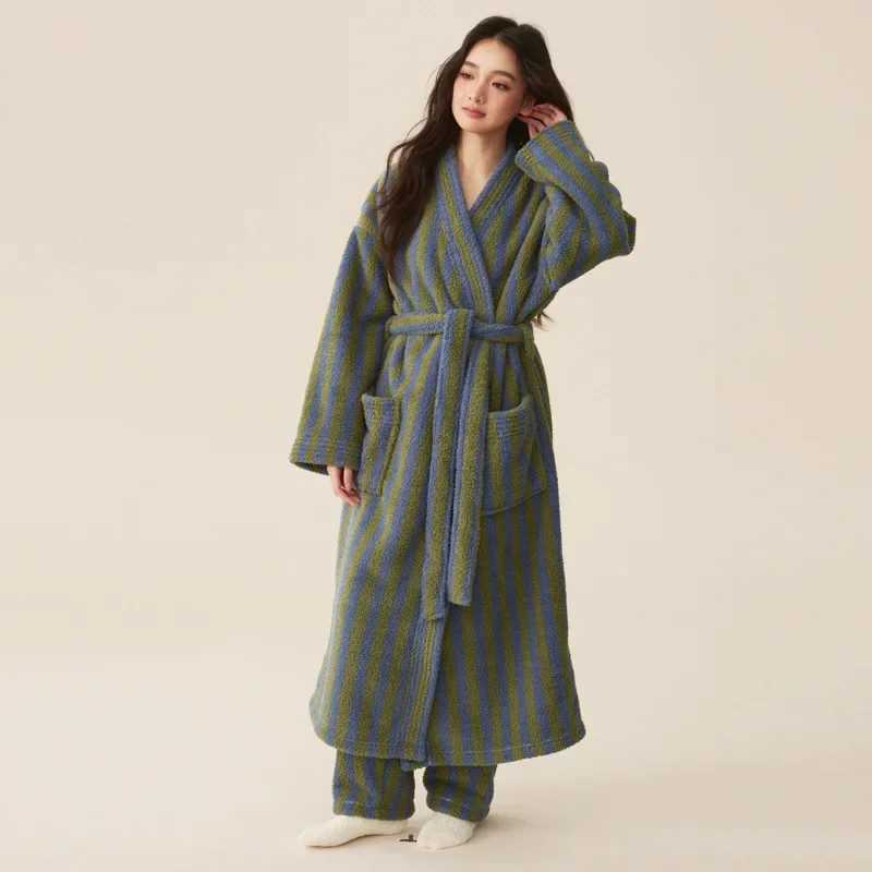 Thickened Flannel Robe Pants Pajamas Set Autumn Winter New Couple Coral Velvet Women Men Bathrobe Striped Lengthed Home Clothes C251202