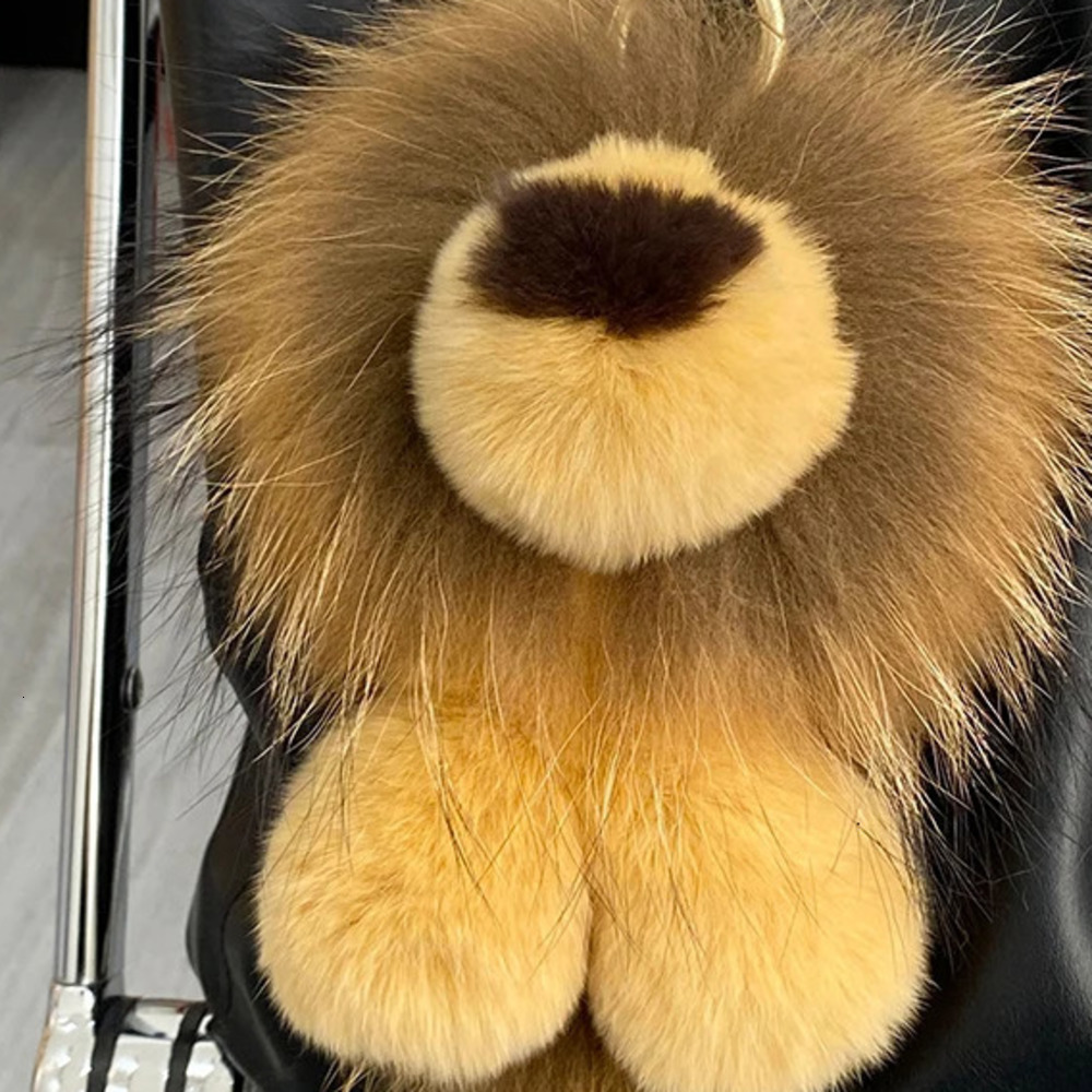Cute Real Rex Rabbit Fur Simba Lion Bag Charm Car Key Charm Metal Ring Ornaments Kids Birthday Gift 240112