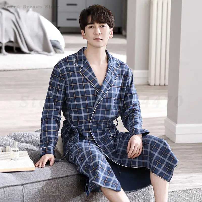 Casual Plaid Bathrobe Man Spring Autumn Cotton Robe Sleepwear Long Sleeve Kimono Male V-Neck Intimate Lingerie Spa Robes L-4XL C251202