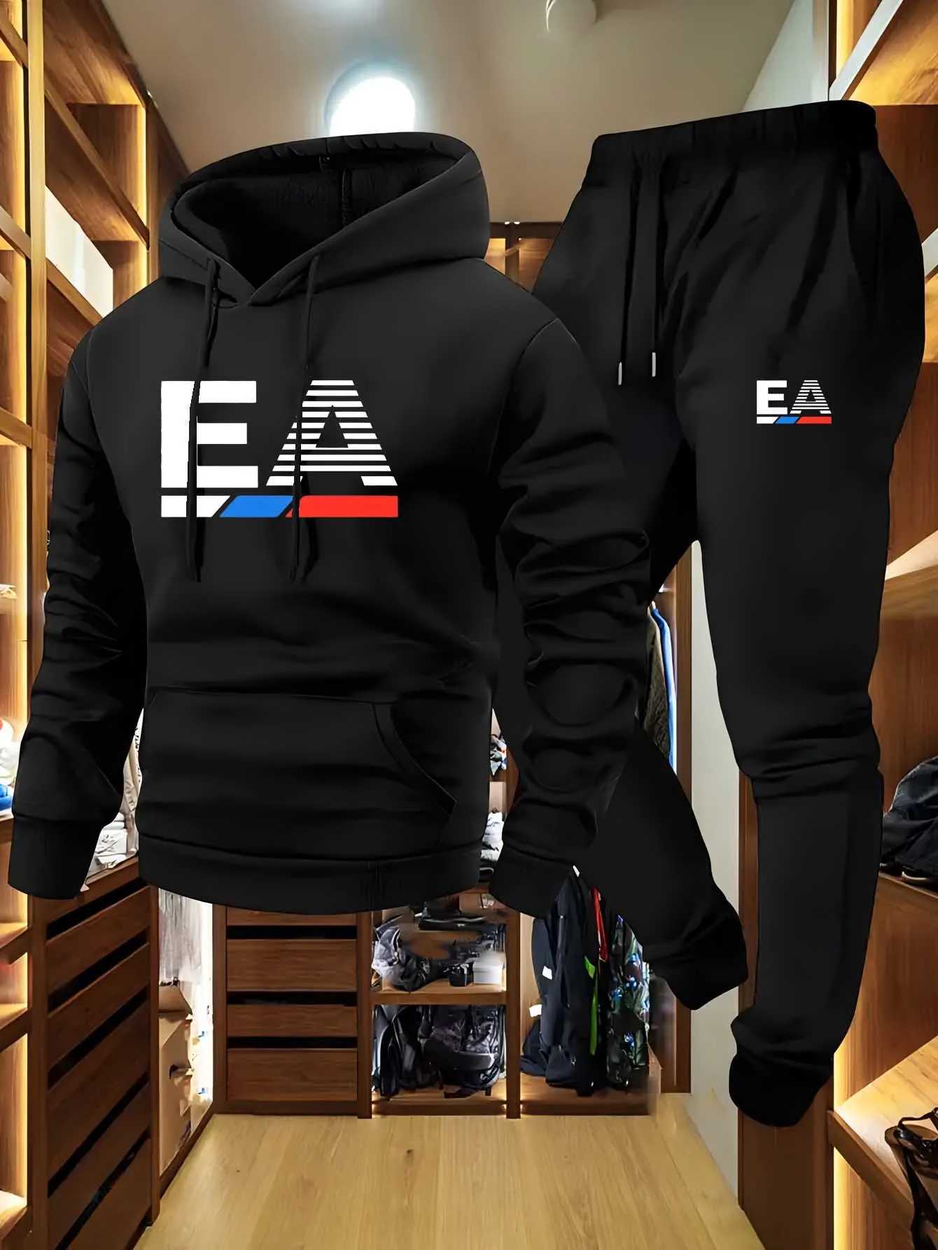 Mens Sporty Two-Piece Set Hoodie And Pants Gray Black Non-Stretch Regular Fit with Pockets for Fall/Winter W251202