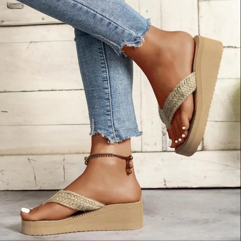 Bohemia Twine Weave Strap Flip Flops Women Summer Classic Chunky Platform Wedge Heels Slippers Women Sexy Beach Sandals 251201