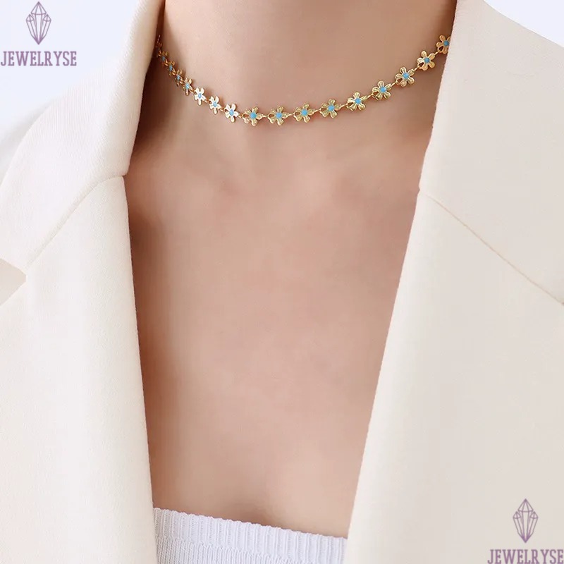 sweet blue flower chain stainless steel necklace designer for woman party 18k gold chains necklaces school choker women jewelry travel birthday friend