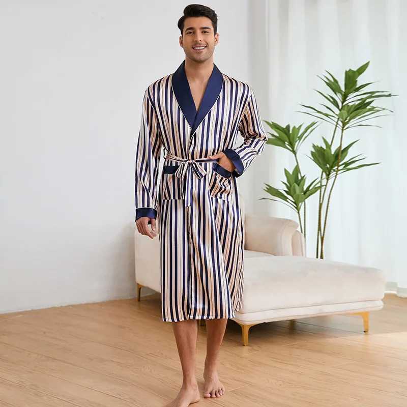 New Men Robe Navy Blue Stripes Kimono Bathrobe Gown Spring Summer Long Sleeve Sleepwear Lounge Wear Loose Casual Satin Homewear C251202