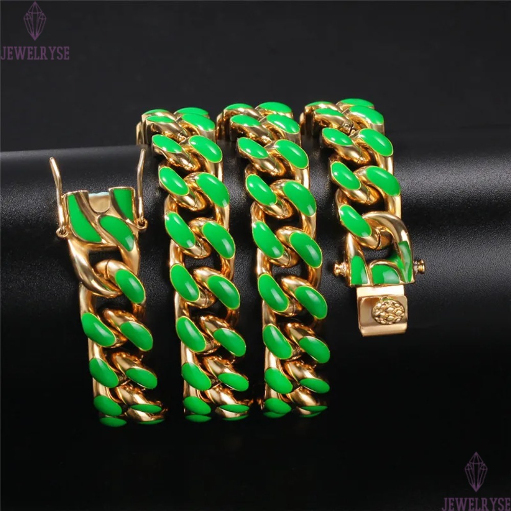 20inch stainless steel Miami cuban link chain gold necklace mens silver chain for man colorful enamel White Green Orange Blue Chains Necklaces Woman H