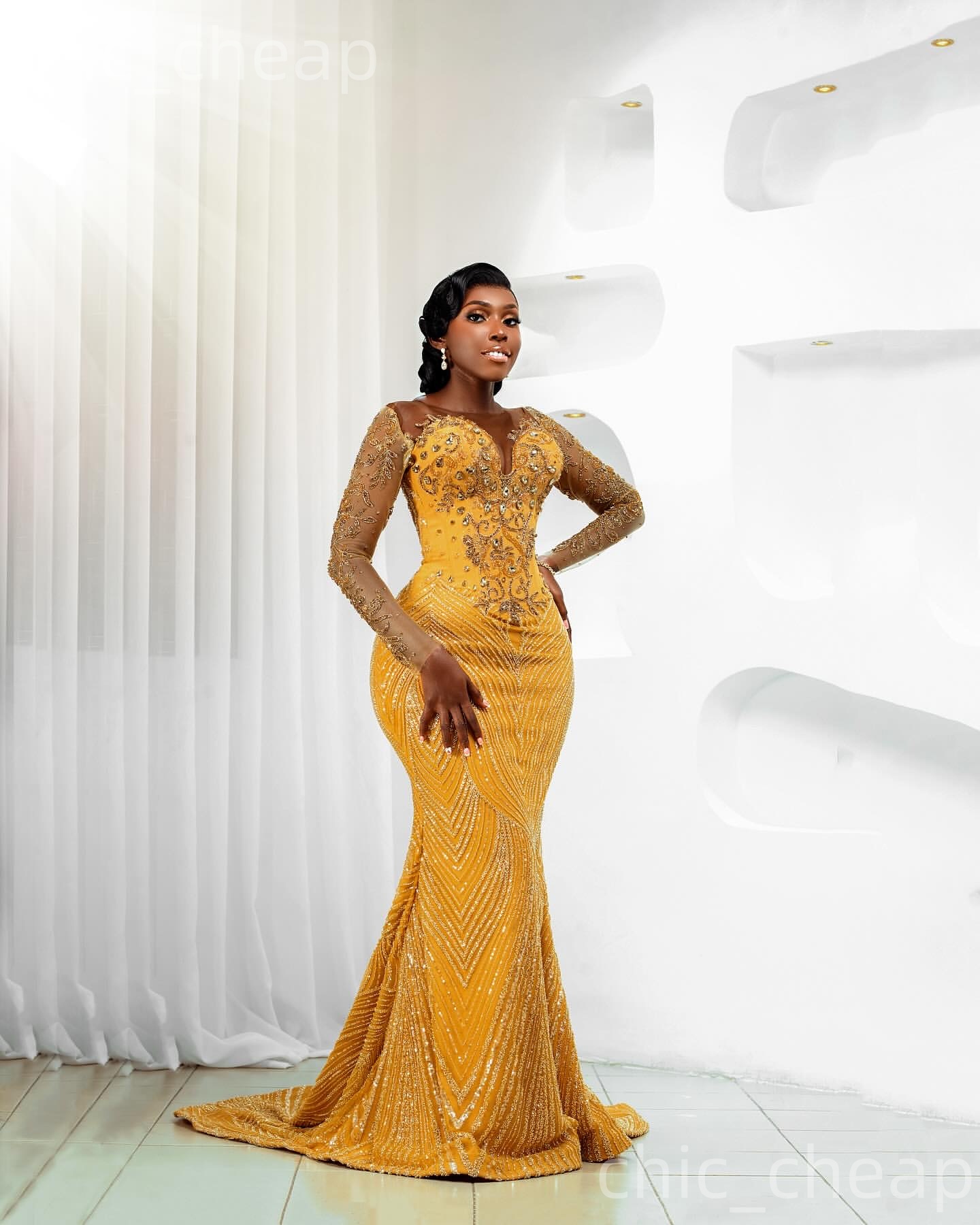 Aso Ebi Gold Mermaid Prom Dresses 2026 Sheer Neck Crystals Sequined Evening Formal Party Second Birthday Engagement Gowns Plus Size Dress For Special 