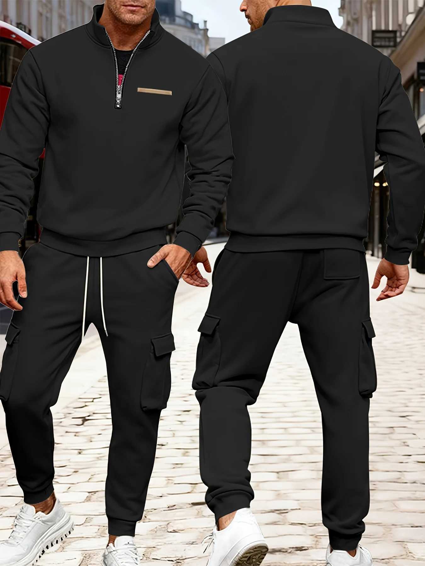 2-piece Autumn and Winter Mousse Fleece Warm Mens Suit Semi-zipper Sweatshirt Multi-pocket Jogging Pants Set W251202