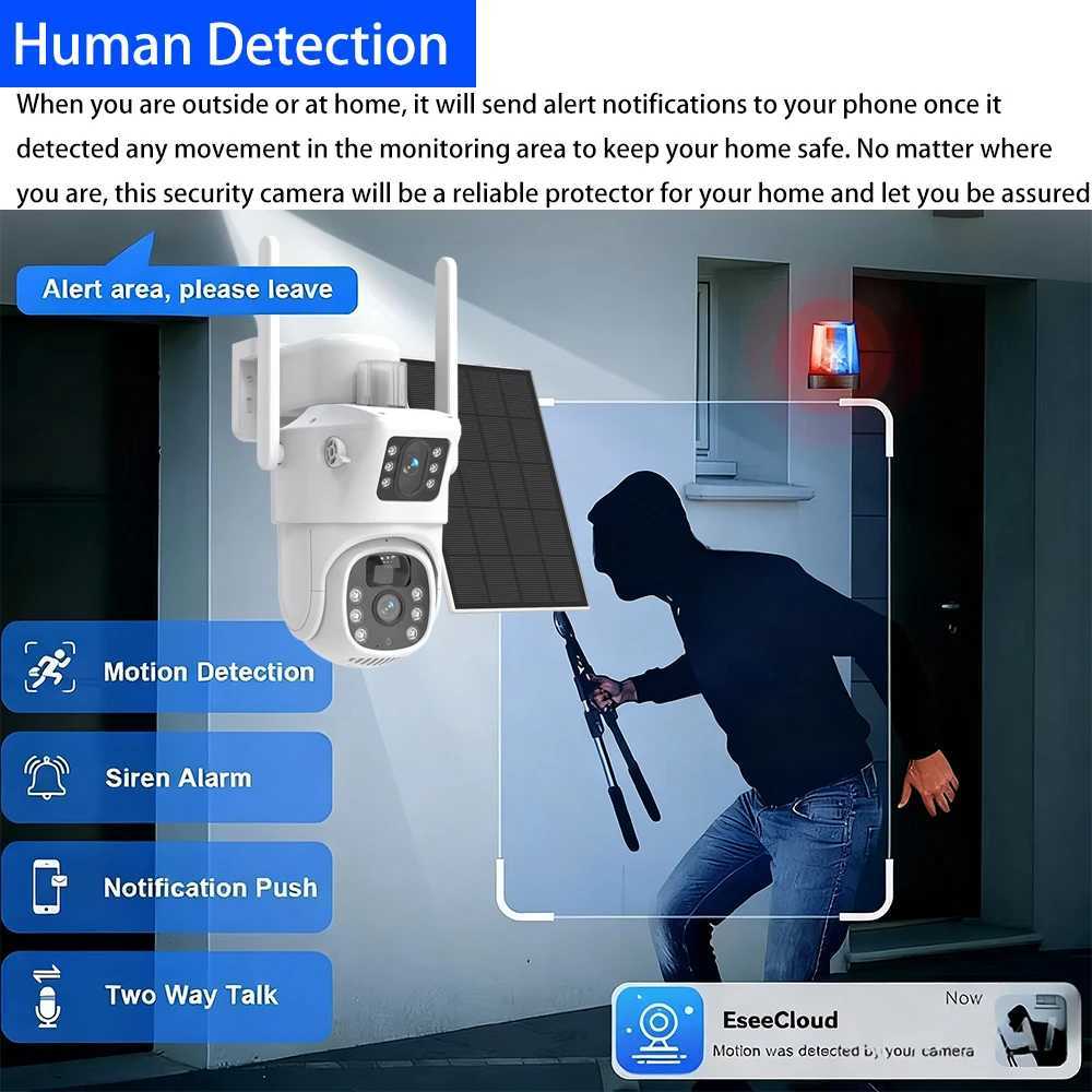 5G24GHZ WIFI Security PTZ Camera Dual Lens Dual Sn Solar Power Battery 8MP 4K CCTV Al PIR Detection IP Camera EseeCloud C251202