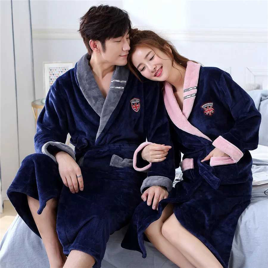 Winter Thick Coral Fleece Couple Robe Sleepwear Plush Warm Flannel Kimono Bathrobe Gown with Pocket Men Homewear Lounge Wear C251202