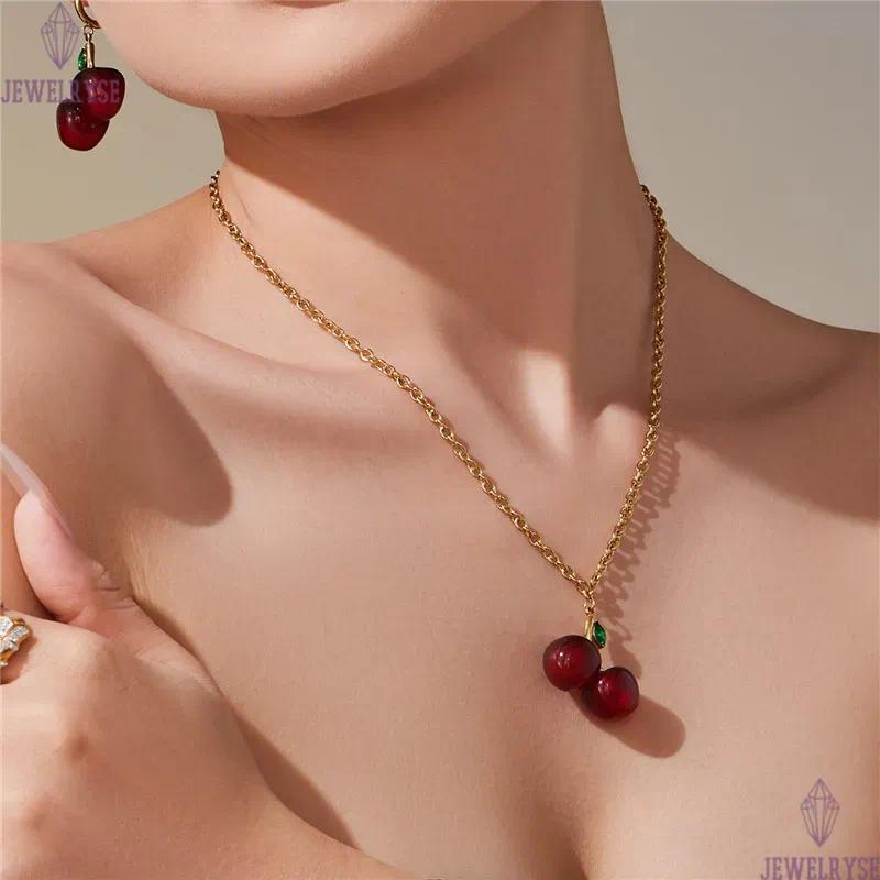 cute cherry necklace designer for woman 18k gold chain stainless steel fruit pendant necklaces school daily outfit women fashion jewelry friend family