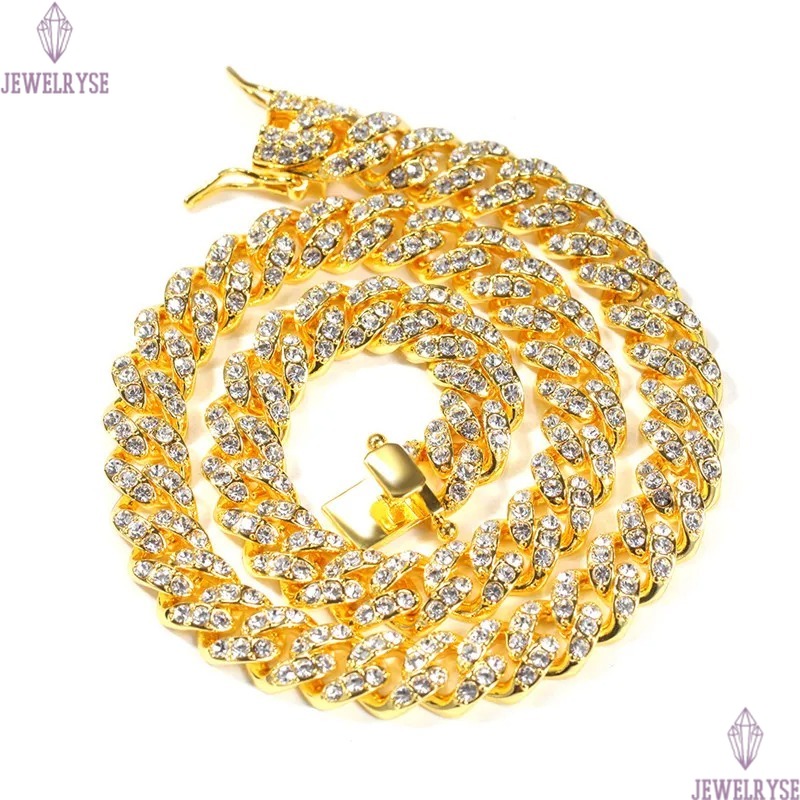 12mm hip hop jewelry cuban link chain mens gold necklace designer chain for man Diamond Iced Out Alloy Chains Austrian Rhinestone Long Silver Necklace