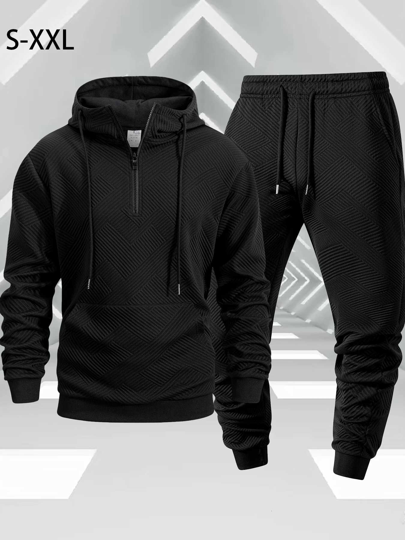 Autumn Outdoor Tracksuit Mens Zippered Hooded Sweatshirt Pants Two-piece Set Solid Color Casual Sportswear Male Warmth Set W251202