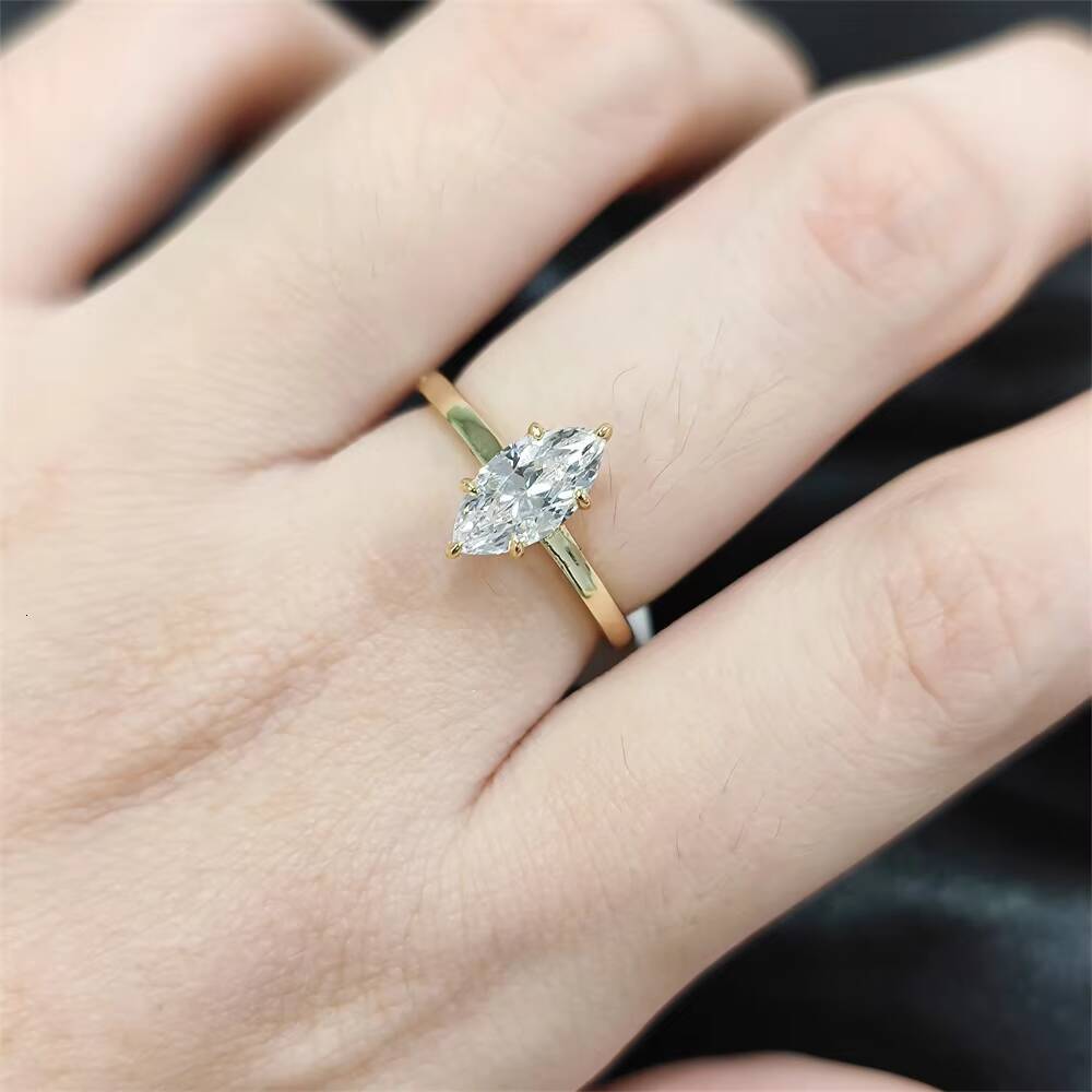 10K 14K 18K Solid Gold Ring Lab Grown Diamond 5x10mm Marquise Cut Hidden Halo Moissanite 925 Sterling Silver Stackable Ring