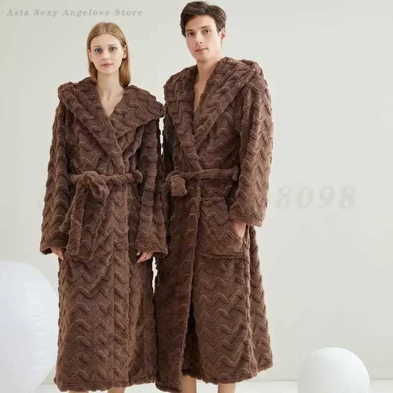 Autumn Winter Couple Sleepwear Flannel Hooded Robe Home Wear Thicken Warm Coral Fleece Yukata Loungewear Loose Bathrobe Pajama C251202