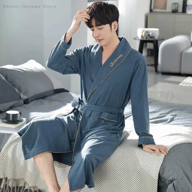 Casual Plaid Bathrobe Man Spring Autumn Cotton Robe Sleepwear Long Sleeve Kimono Male V-Neck Intimate Lingerie Spa Robes L-4XL C251202