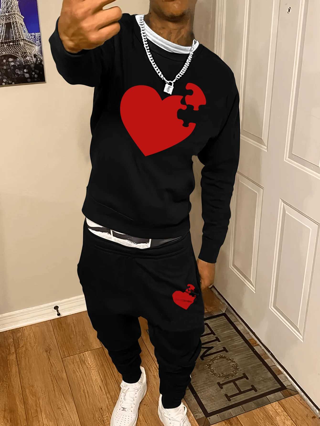 Trendy New Autumn and Winter Sweatshirt Sweatpants Set Mens Loose Casual Fit Sweatshirt Printed Long Sleeve Sweatshirt Set W251202