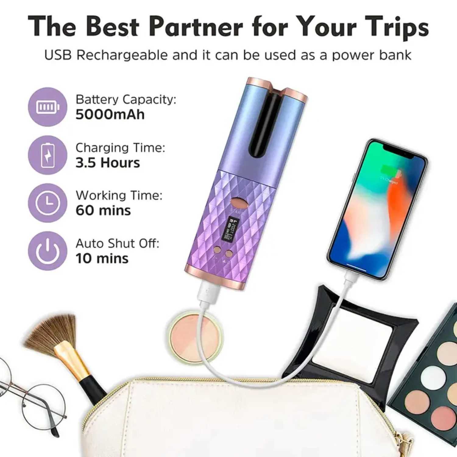 Ceramic Cordless Autatic Hair Curling Iron with 6 Temperature and Timer Settings for Fast Portable Rechargeable Auto Curling C251202