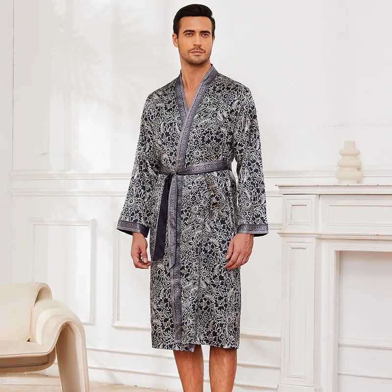 Print Robe Men Stain Sleepwear Loose Peignoire De Douche Homme Mens Bathrobe Satin Sleepwear Loungewear Kimono with Belt C251202