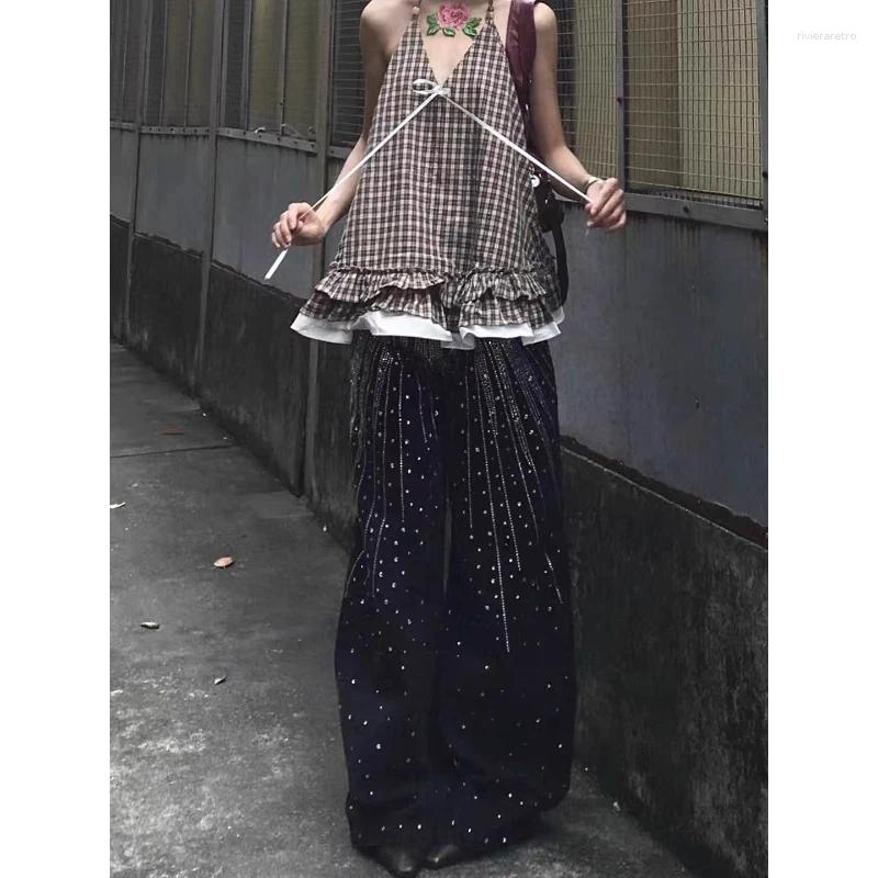 Women's Jeans YIBASHU Women Vintage Black Goth Y2k Rhinestone 2025 Autumn Harajuku Baggy Denim Trousers Japanese 2000s Grunge Jean Pants Z260313