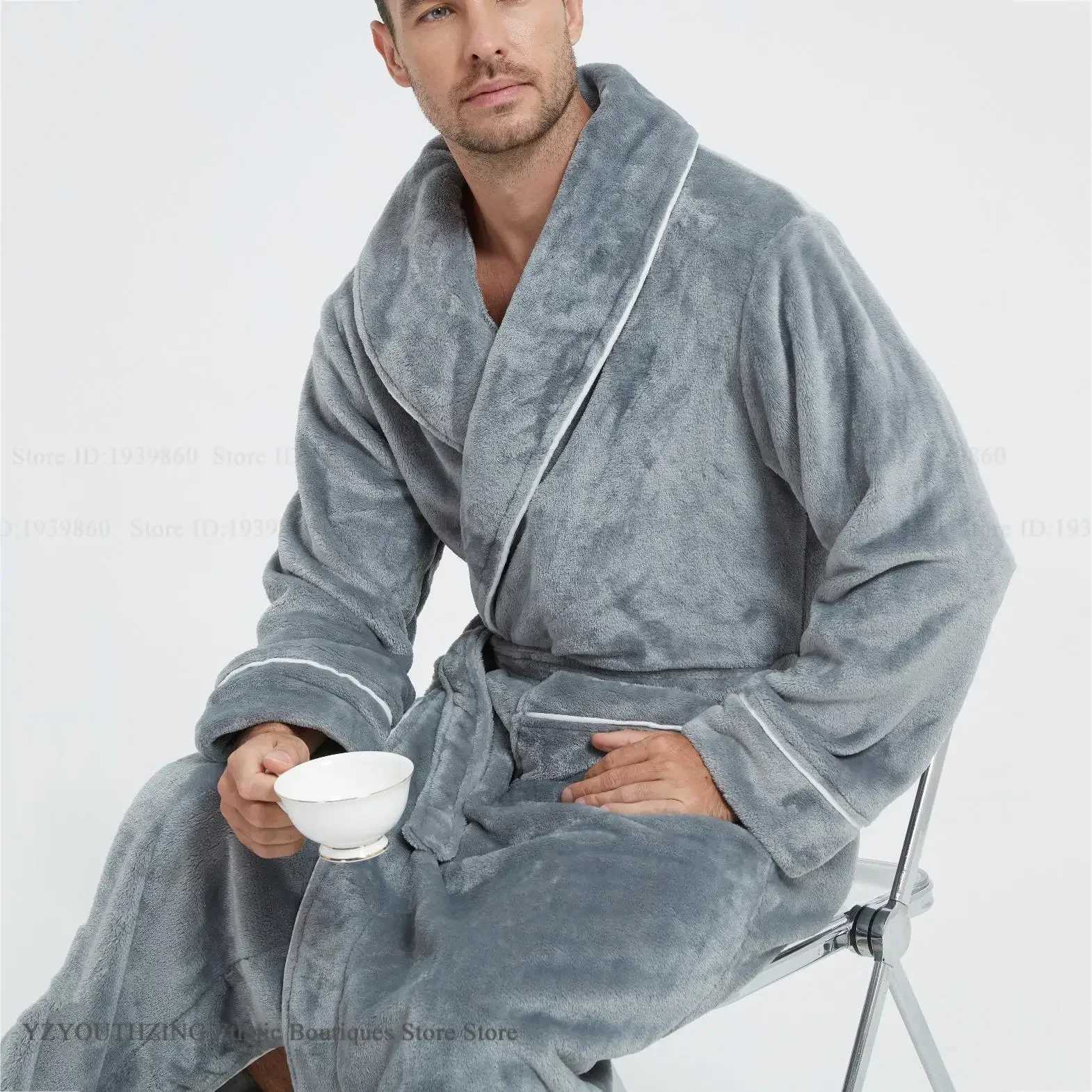 Winter New Mens Flannel Long Robe Negligee Thicken Warm Bathrob Kimono Gown Plush Comfortable Coral Fleece Home Wear Sleepwear C251202