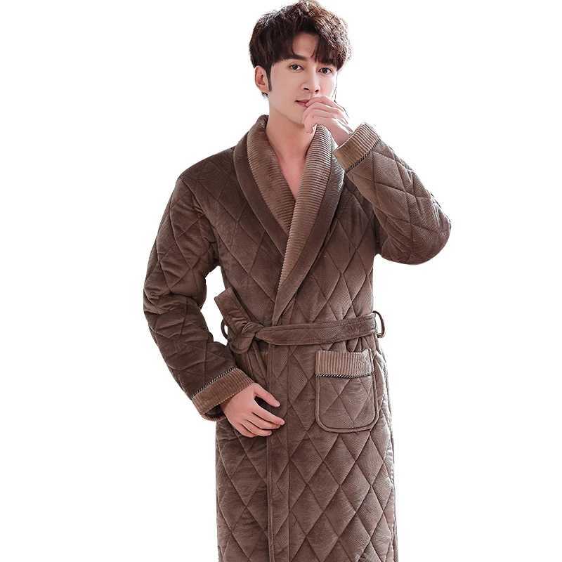 Mens Winter Plush Quilted Lengthened Shawl Bathrobe Home Clothes Long Sleeved Robe Coat men robe thick pijamas hombre robes 3XL C251202