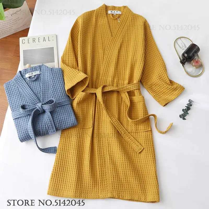 Adult Cotton Waffle Kimono Bathrobe Gown Yukata Couple Robe Negligee with Pocket Loose Casual Home Dress Loungewear Sleepwear C251202