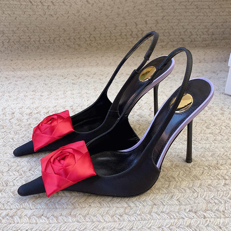 Rose Flower Decorated Silk Pointed Heel Sandals Luxury Designer New Color Stitching Women's Dress Shoes Fashionable Elegant Dew Heel Evening Dress Shoes With box