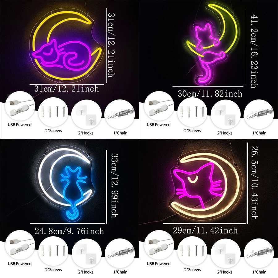 Cartoon Series Neon Signs Moon And Cat Led Aesthetic Icons Usb Powered Used For Room Home Game Room Pet Shop Decor H251201