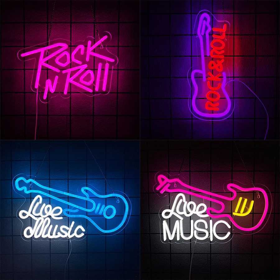 Rock N Rolled Neon Sign Music Guitar Icon Used For Bedroom Music Studio Recording Studio Bar Concert Man Cave Decor H251201