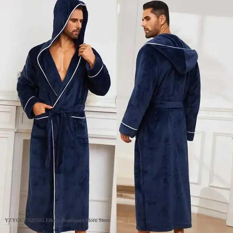 Autumn Winter New Mens Sleepwear Thicken Flannel Hooded Long Robe Bathrobe Kimno Gown Home Clothes Warm Coral Fleece Loungewear C251202