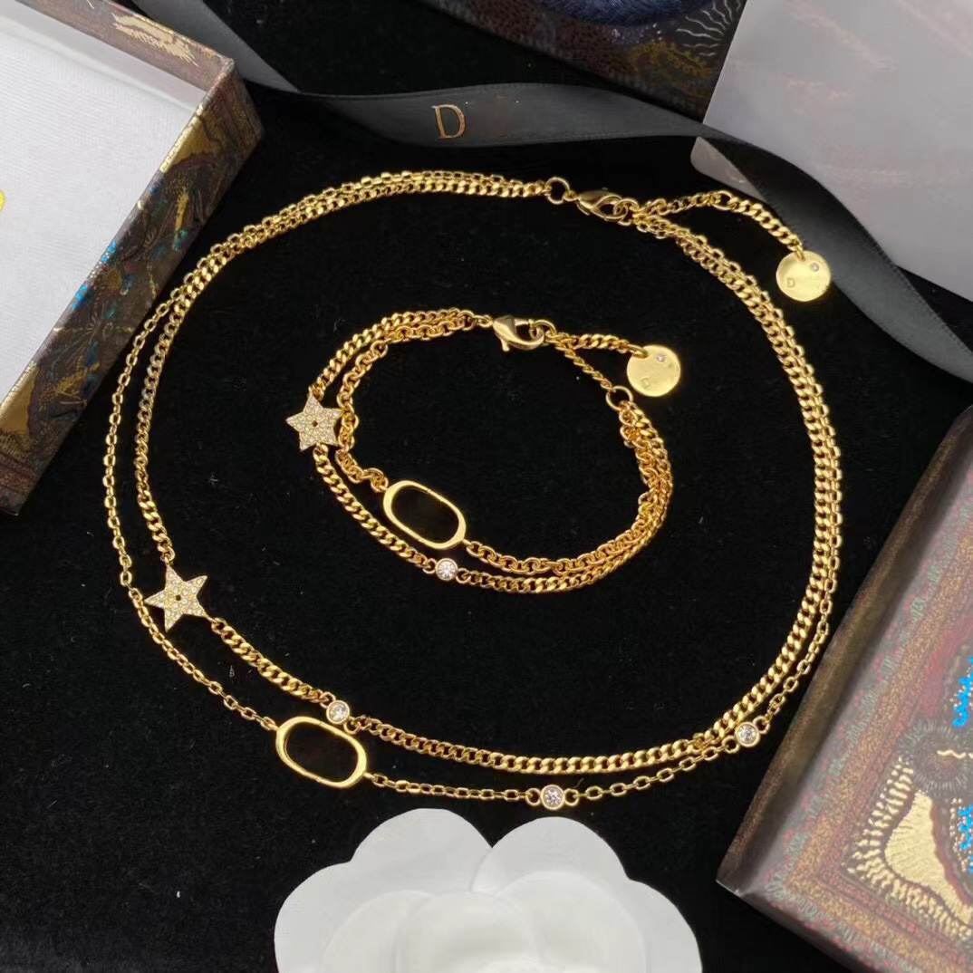 High Quality Star Letter Diamond Necklace Double layer Designer necklace Jewelry Set Stainless Chain Gold plated Choker Elegant Wedding party Gift