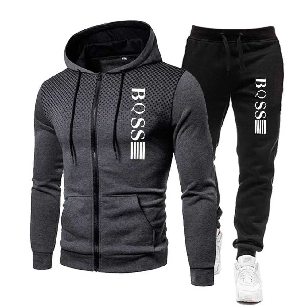 Fashion Print Tracksuit for Men Zipper Hooded Sweatshirt and Sweatpants Two Pieces Suits Male Casual Fitness Jogging Sports Sets W251202